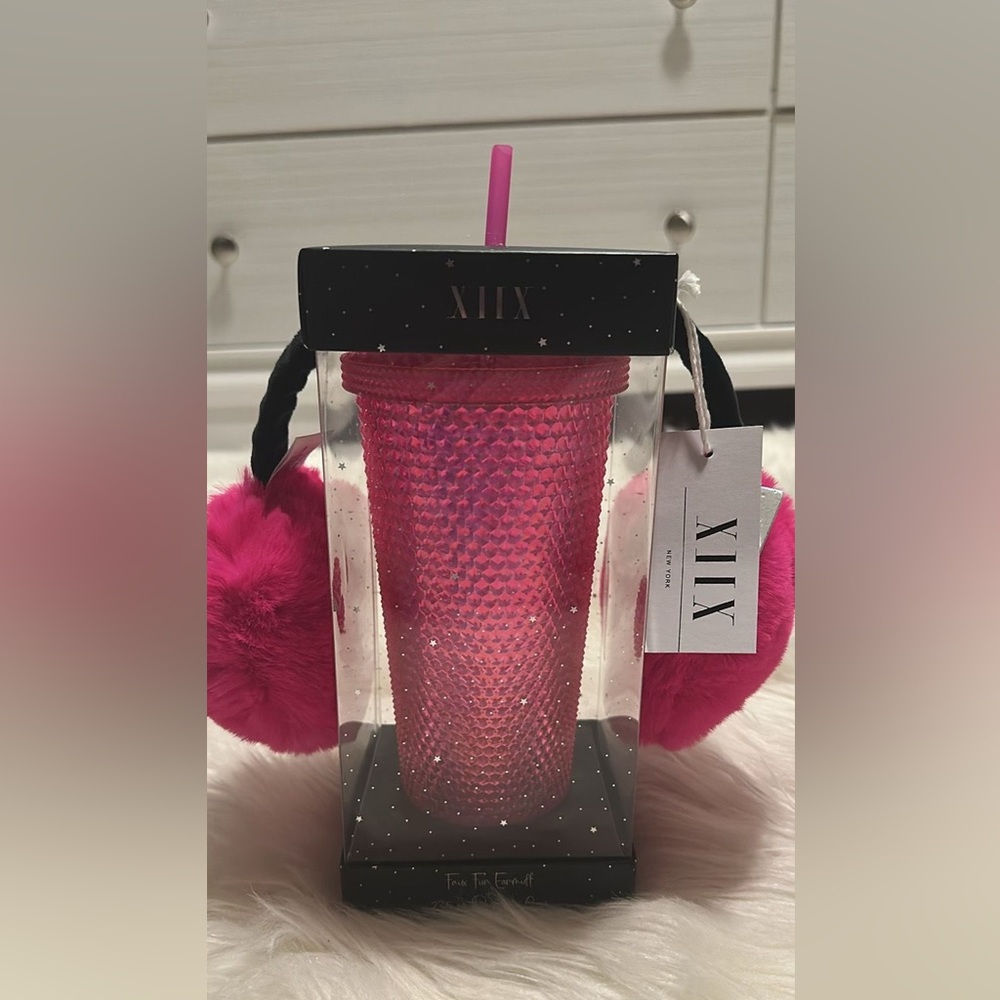 Collection XIIX Pink Tumbler with Straw and Pom-Poms